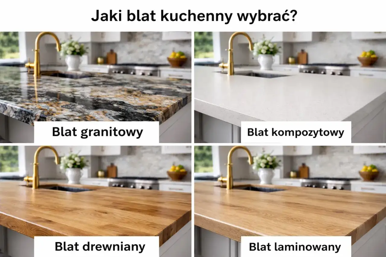 Porównanie blatów: granitowy, kompozytowy, drewniany i laminowany. Wybór materiału wpływa na koszt blatu kuchennego.