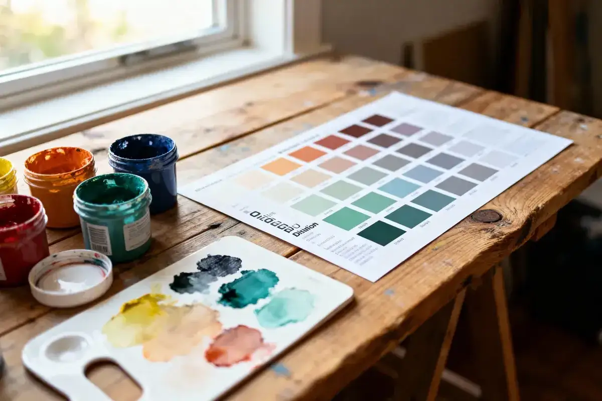 Palette d'aquarelle avec des pots de peinture acrylique ouverts et un tableau de dilution des couleurs.