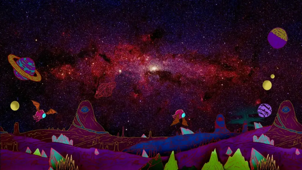 Paesaggio alieno con pianeti colorati e creature bizzarre, perfetto per le **rick and morty recensioni**.