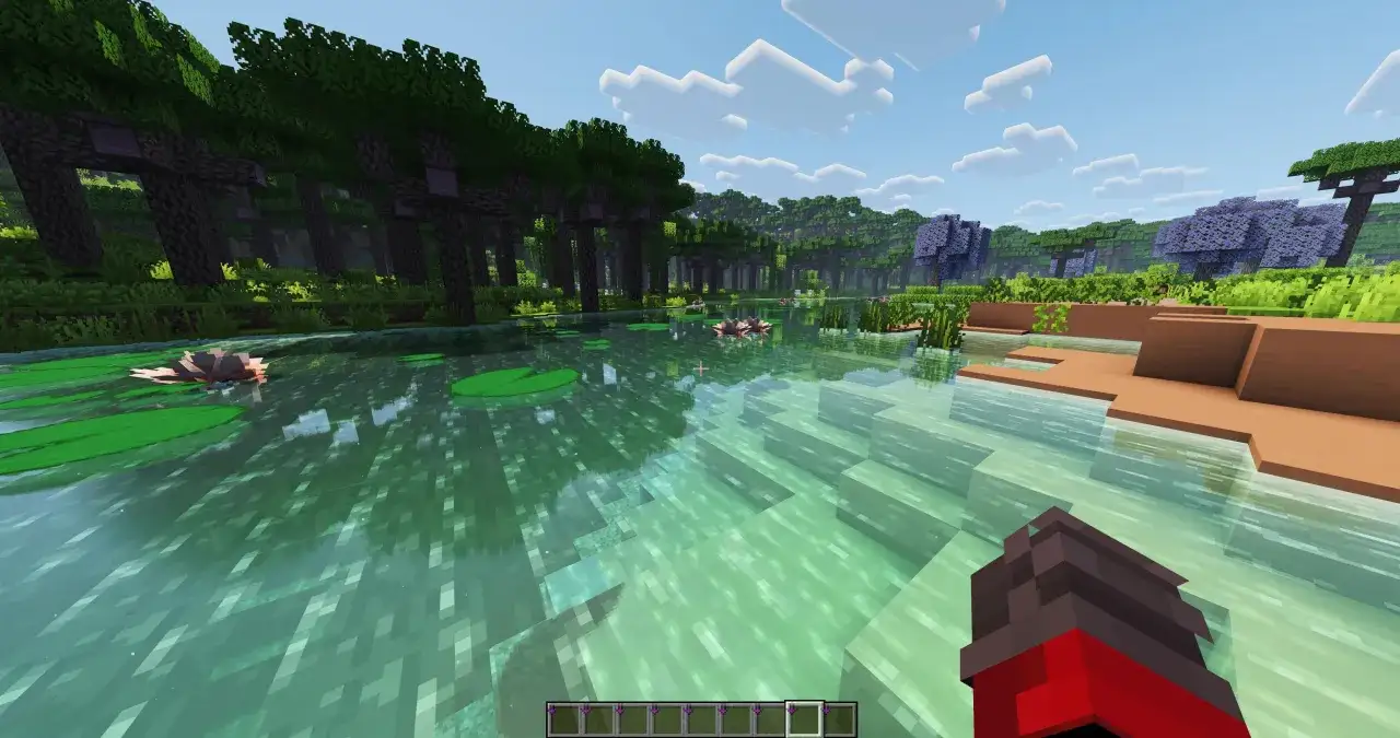 Piękny Minecraft z cieniami, jak wgrać shadery do Minecraft, by uzyskać taki efekt? Woda, drzewa, kwiaty.