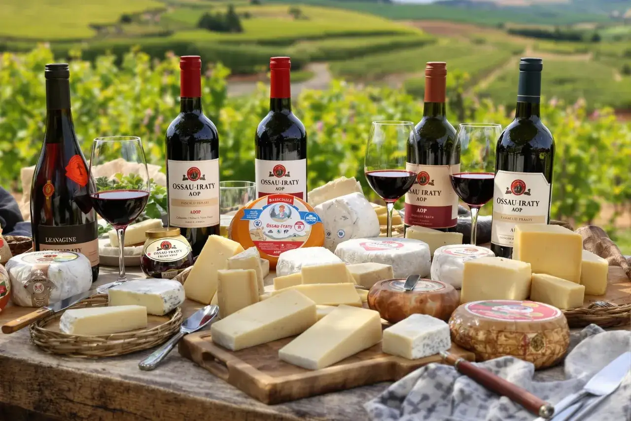 Un festin de fromages variés et de bouteilles de vin rouge, parfait pour savoir que boire avec du fromage. Le paysage viticole en arrière-plan ajoute à l'ambiance.