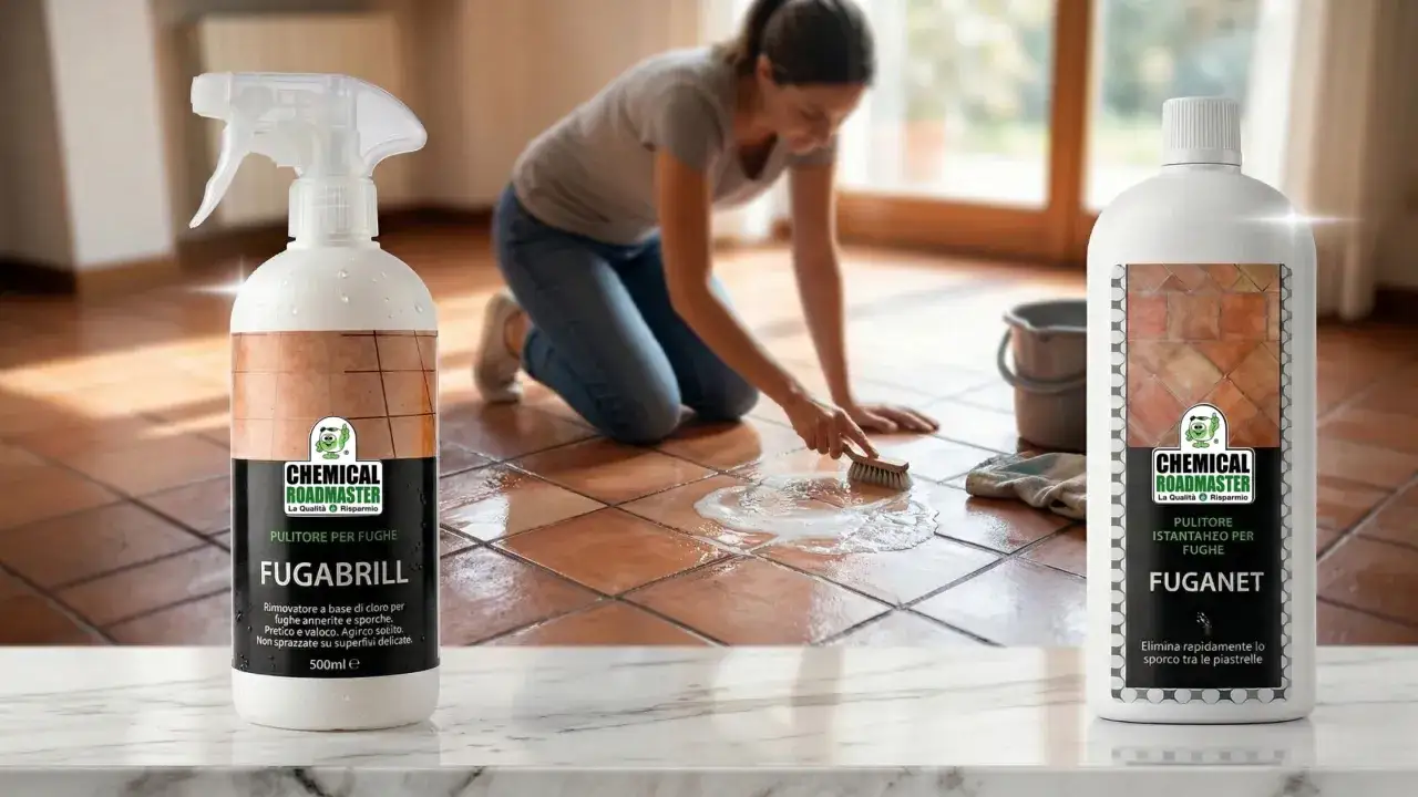Donna inginocchiata pulisce le fughe del pavimento con uno spazzolino. Prodotti Chemical Roadmaster per come pulire le fughe del pavimento.