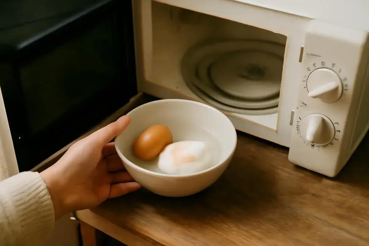 Mano colocando un tazón con un huevo y agua en un microondas para cocer huevos en microondas.