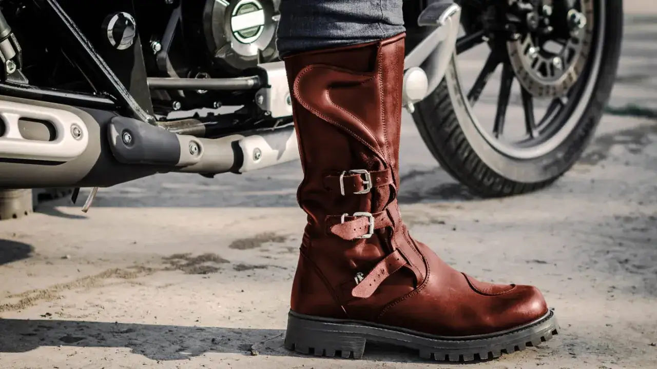 Botas de cuero marrón con hebillas, perfectas para rodar. Hay varios tipos de botas, pero estas son ideales para motociclistas.