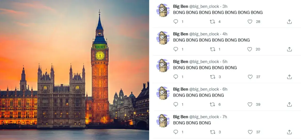 Londyński Big Ben o zachodzie słońca. Obok jego profil na Twitterze, gdzie publikuje 