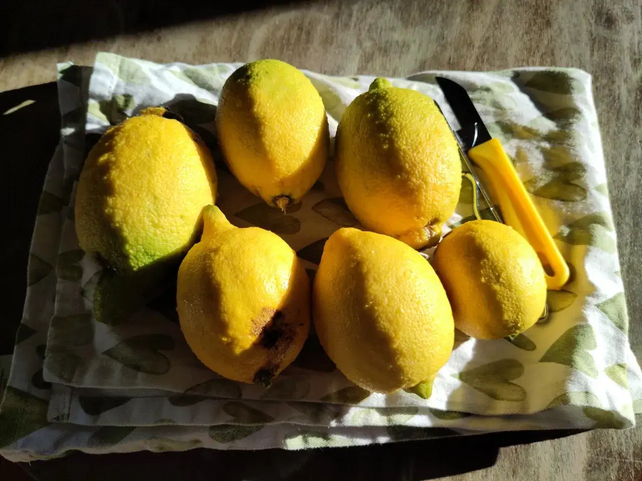Frische Zitronen für ein authentisches italienisches Limoncello Rezept liegen bereit. Ein gelber Messergriff deutet auf die Zubereitung hin.