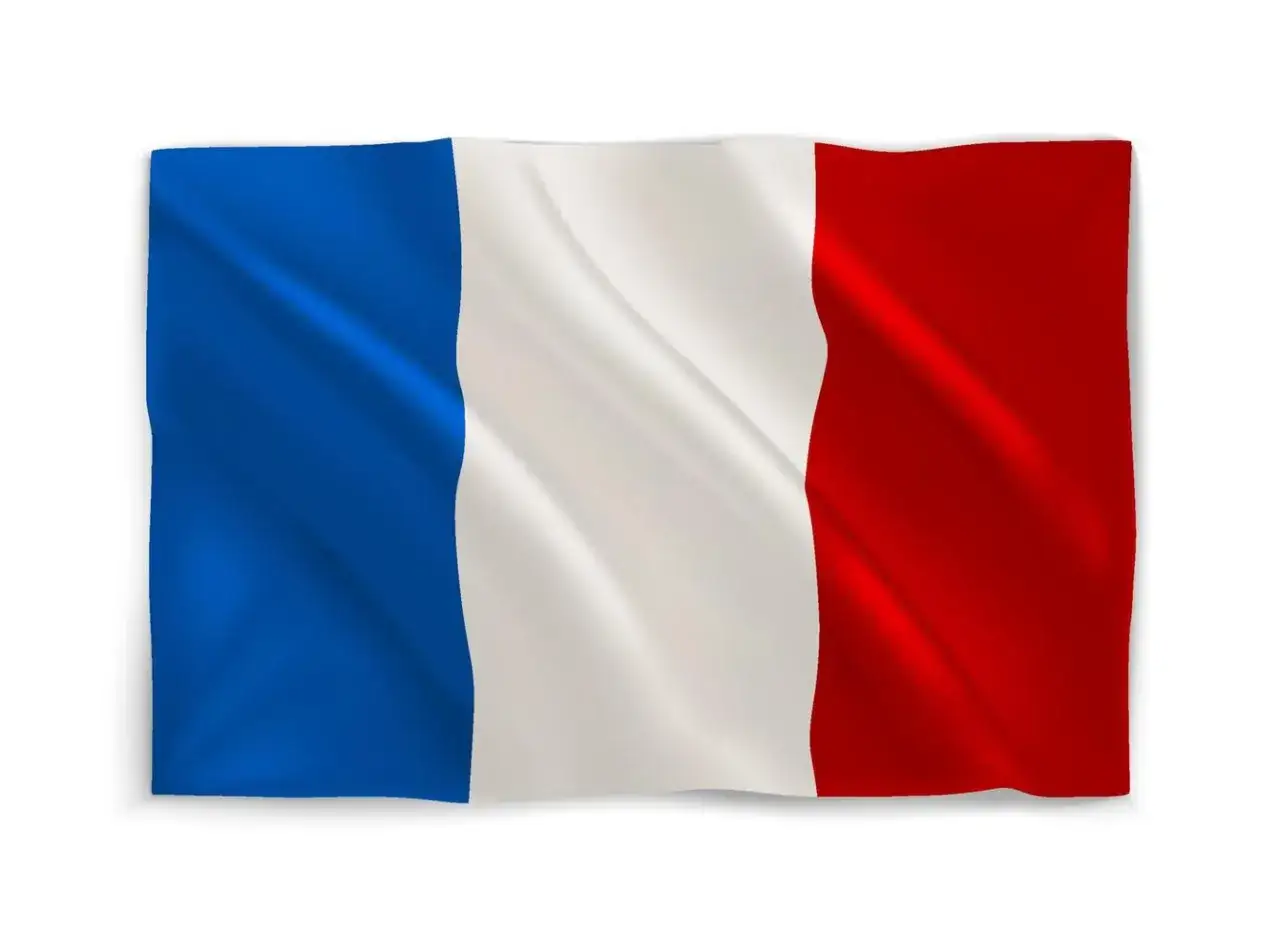 Bandera de Francia ondeando, con franjas verticales azul, blanco y rojo.