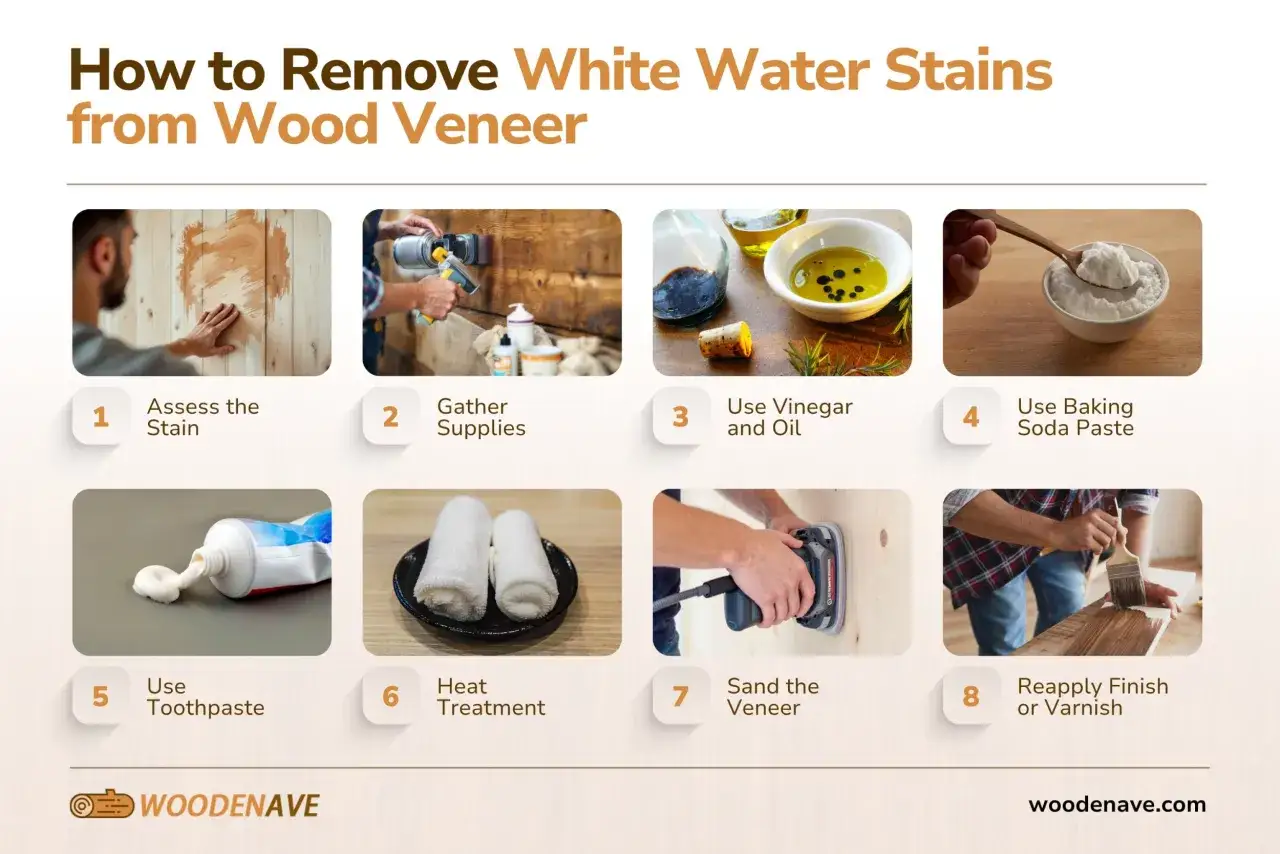 Guide pour enlever une tache blanche sur bois : &eacute;valuer, rassembler, utiliser vinaigre/huile, bicarbonate, dentifrice, chauffer, poncer, vernir.