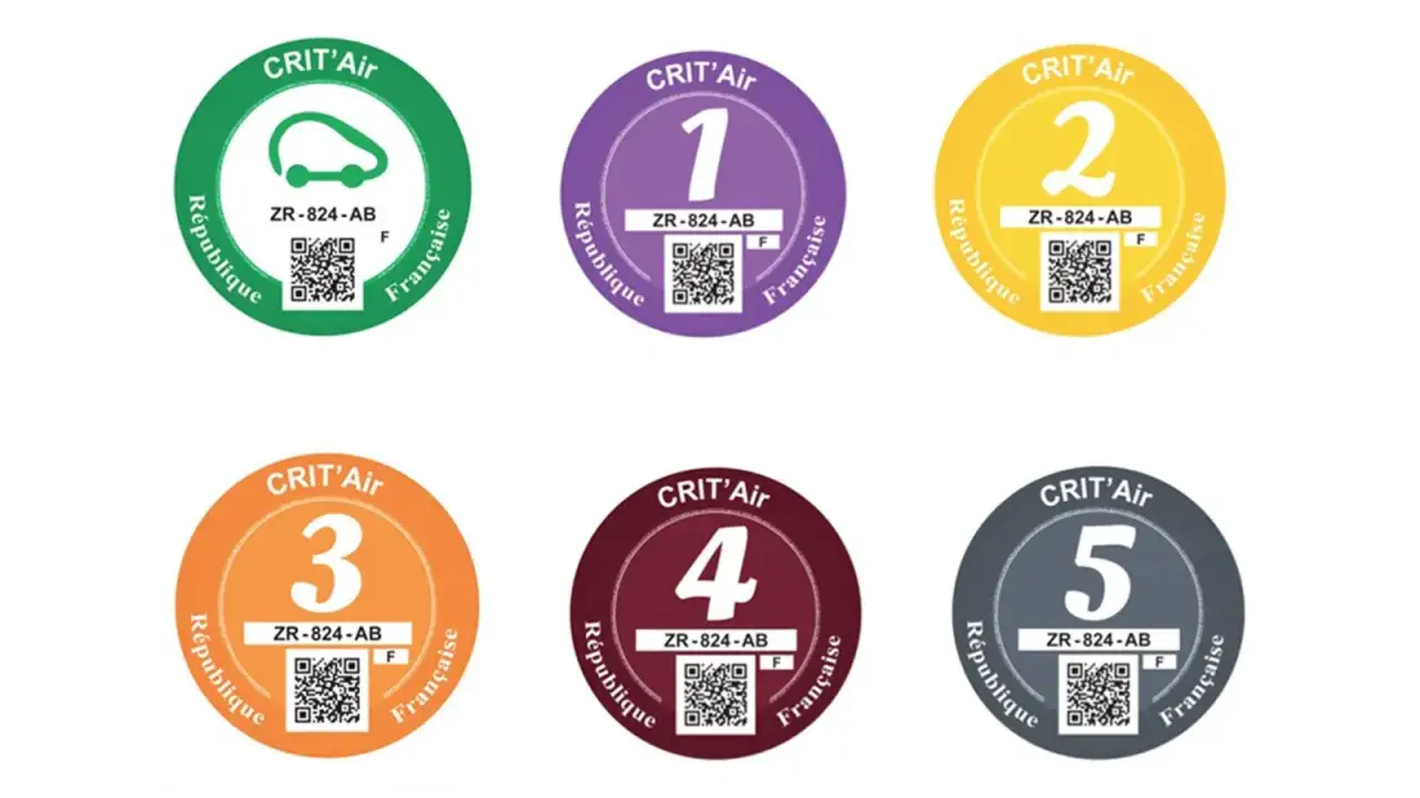 Sechs französische Umweltplaketten (Crit'Air) in verschiedenen Farben und mit Nummern von 1 bis 5, die die Luftqualität von Fahrzeugen anzeigen.