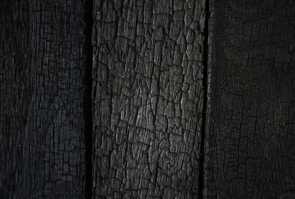 Texture profonde et craquelée de bois noirci par le feu, révélant la beauté brute du noircir du bois.