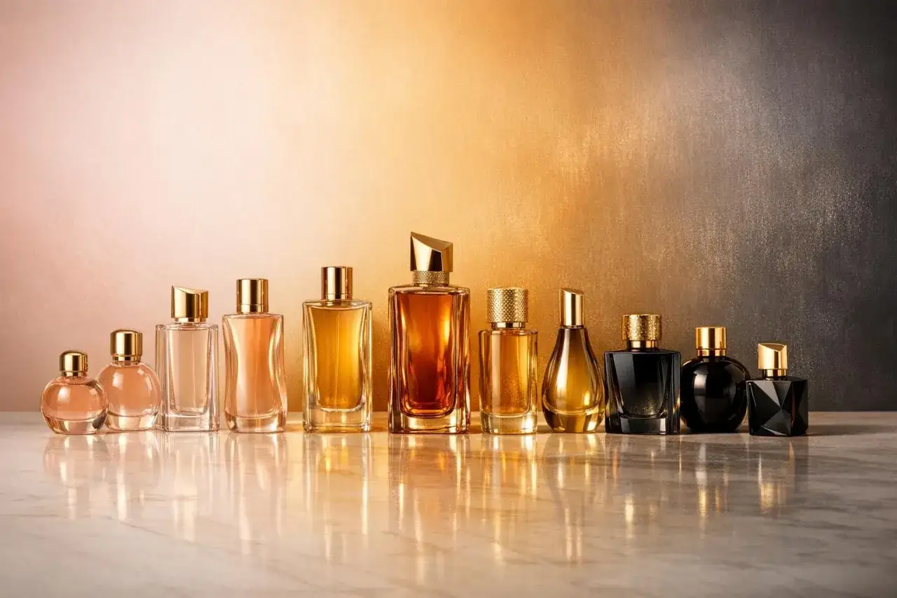 Kolekcja flakonów perfum Yves Saint Laurent EDP, od delikatnych po intensywne, lśniące na marmurowym blacie.