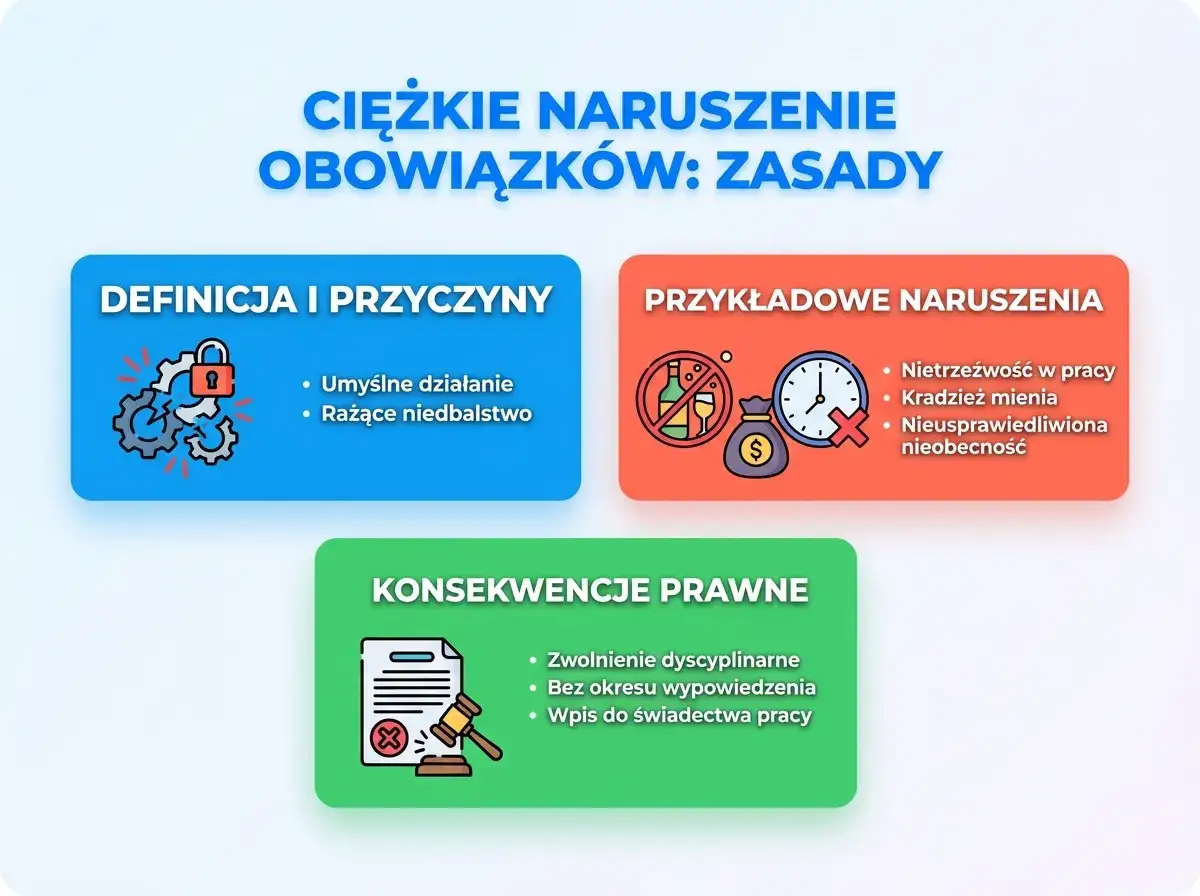 Ciężkie naruszenie obowiązk&oacute;w: przykłady obejmują nietrzeźwość, kradzież i nieusprawiedliwioną nieobecność, kt&oacute;re mogą skutkować zwolnieniem dyscyplinarnym.