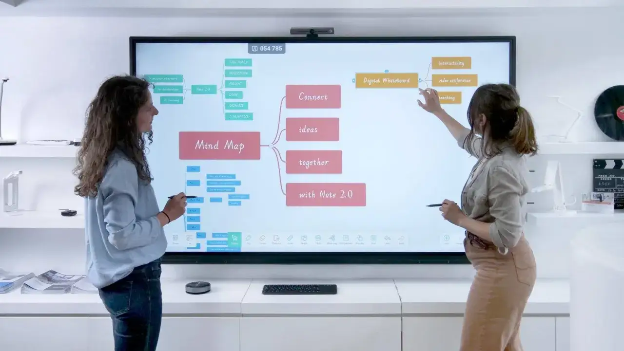 Zwei Frauen nutzen ein digitales Klassenzimmer App mit einer interaktiven Tafel f&uuml;r Mind-Mapping und Brainstorming.