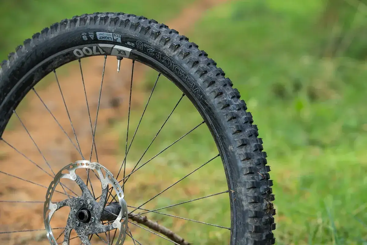 Close-up of a mountain bike wheel with a Verdict 2.5