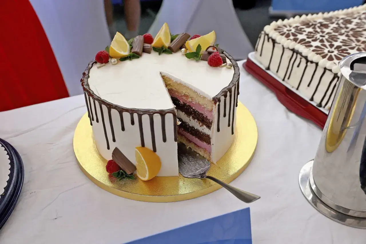 Ein Anschnitt eines Zebrakuchen Rezepts mit Schokoladenglasur, Beeren und Zitronenspalten. Daneben ein rechteckiger Kuchen.