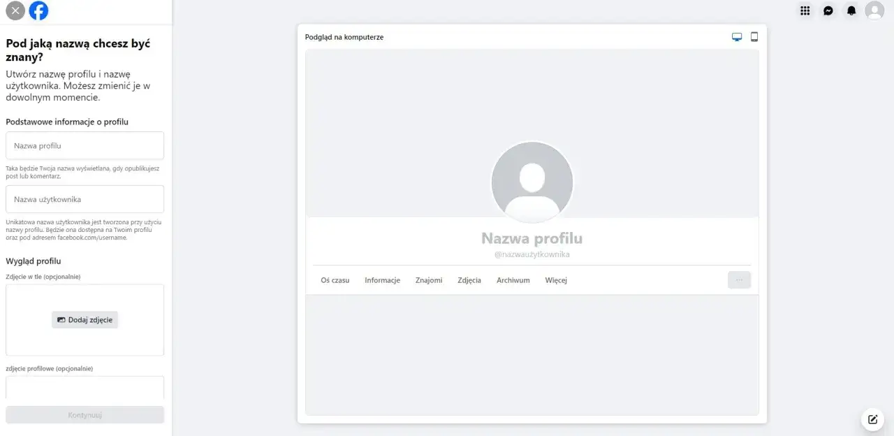 Tworzenie drugiego profilu na Facebooku: ekran ustawień nazwy profilu i nazwy użytkownika.