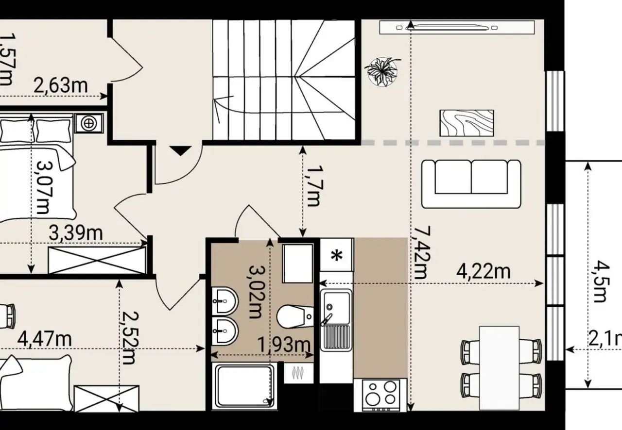 Plan mieszkania z wymiarami, pomocny w pomiarze powierzchni użytkowej. Widoczne sypialnie, łazienka, kuchnia i salon.