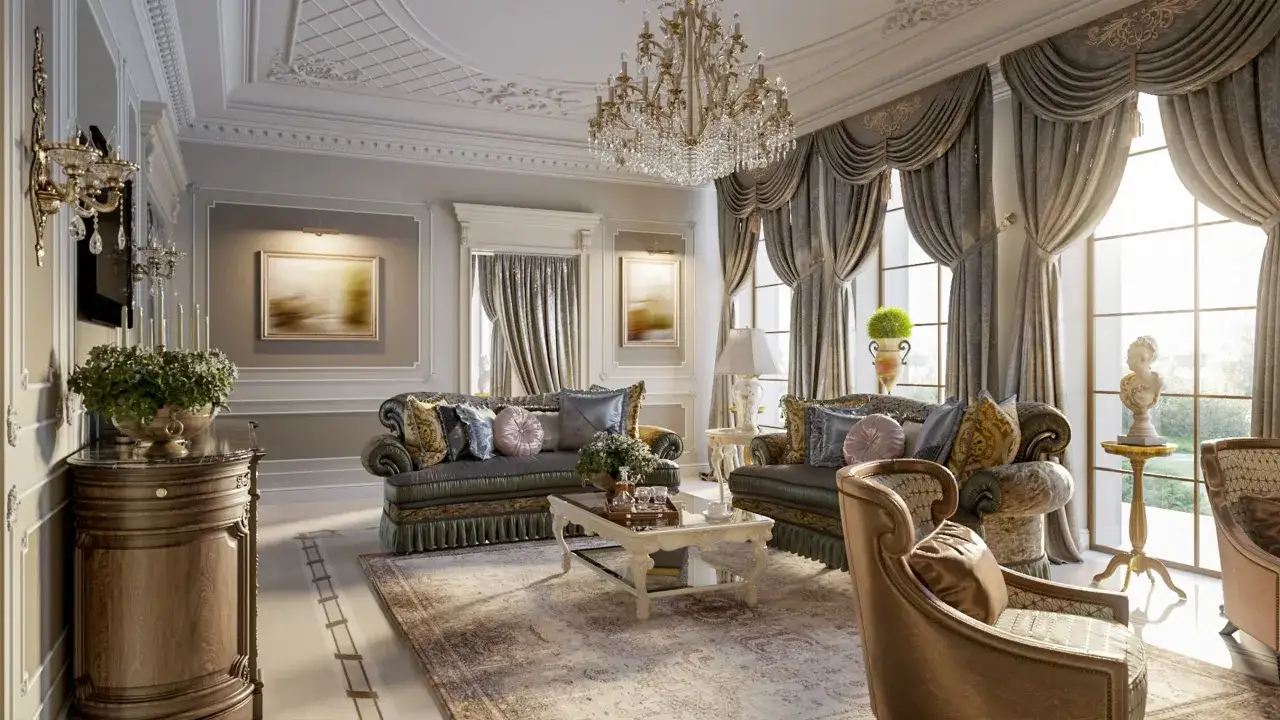 Salotto lussuoso con divani in velluto, tappeto persiano e lampadario di cristallo, che incarna eleganti stili di arredamento classici.