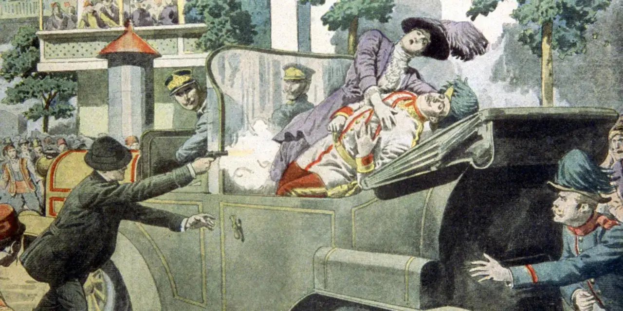 En man skjuter mot &auml;rkehertig Franz Ferdinand i en bil. H&auml;ndelsen, skotten i Sarajevo, utl&ouml;ste f&ouml;rsta v&auml;rldskriget.