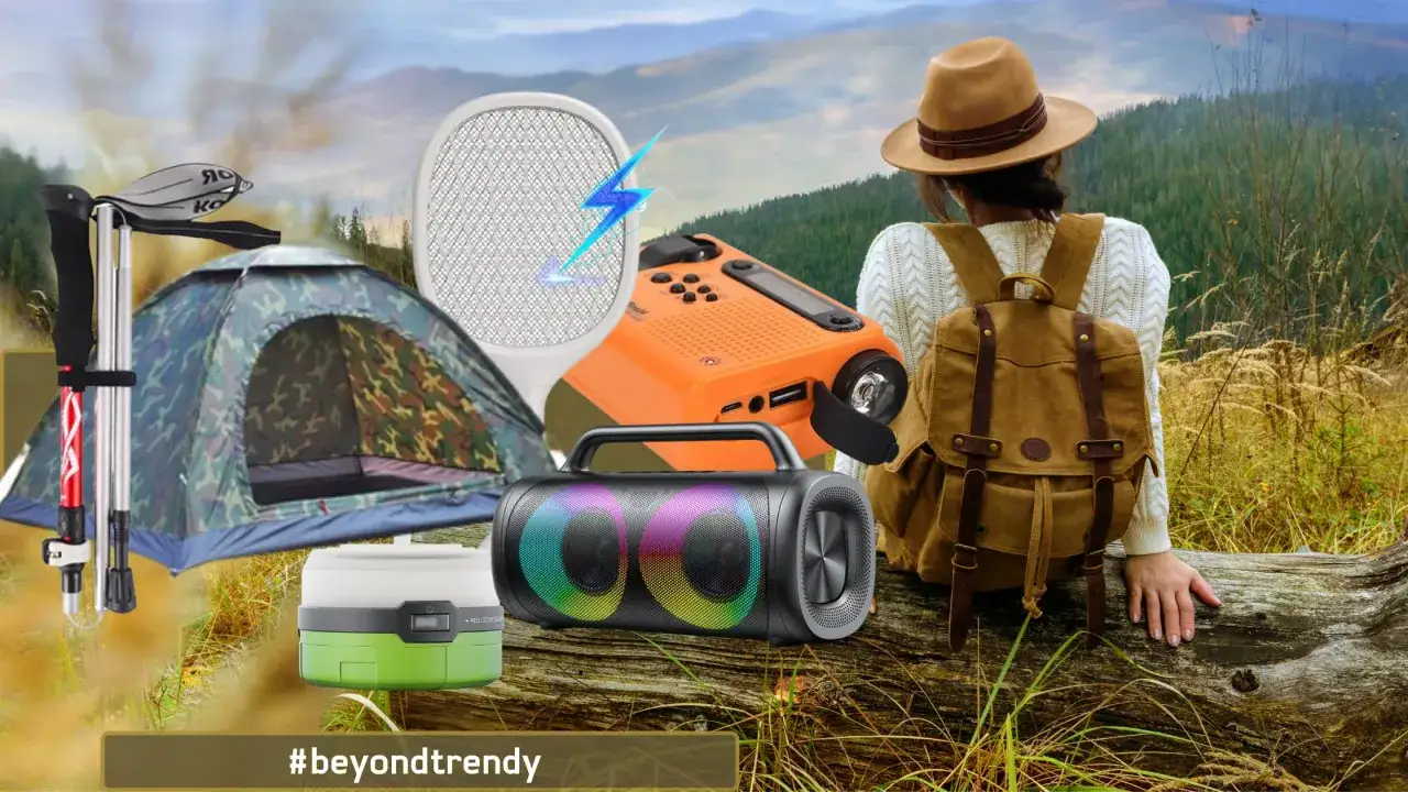 Niezbędne gadżety pod namiot: namiot, kije trekkingowe, latarka, głośnik, raclette i łapka na owady.