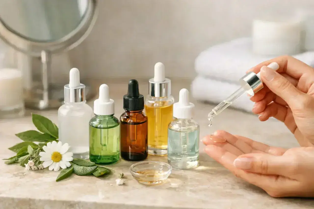 Plusieurs flacons de sérum, dont un avec une pipette versant une goutte sur une main. Aide à choisir quel sérum choisir pour votre peau.