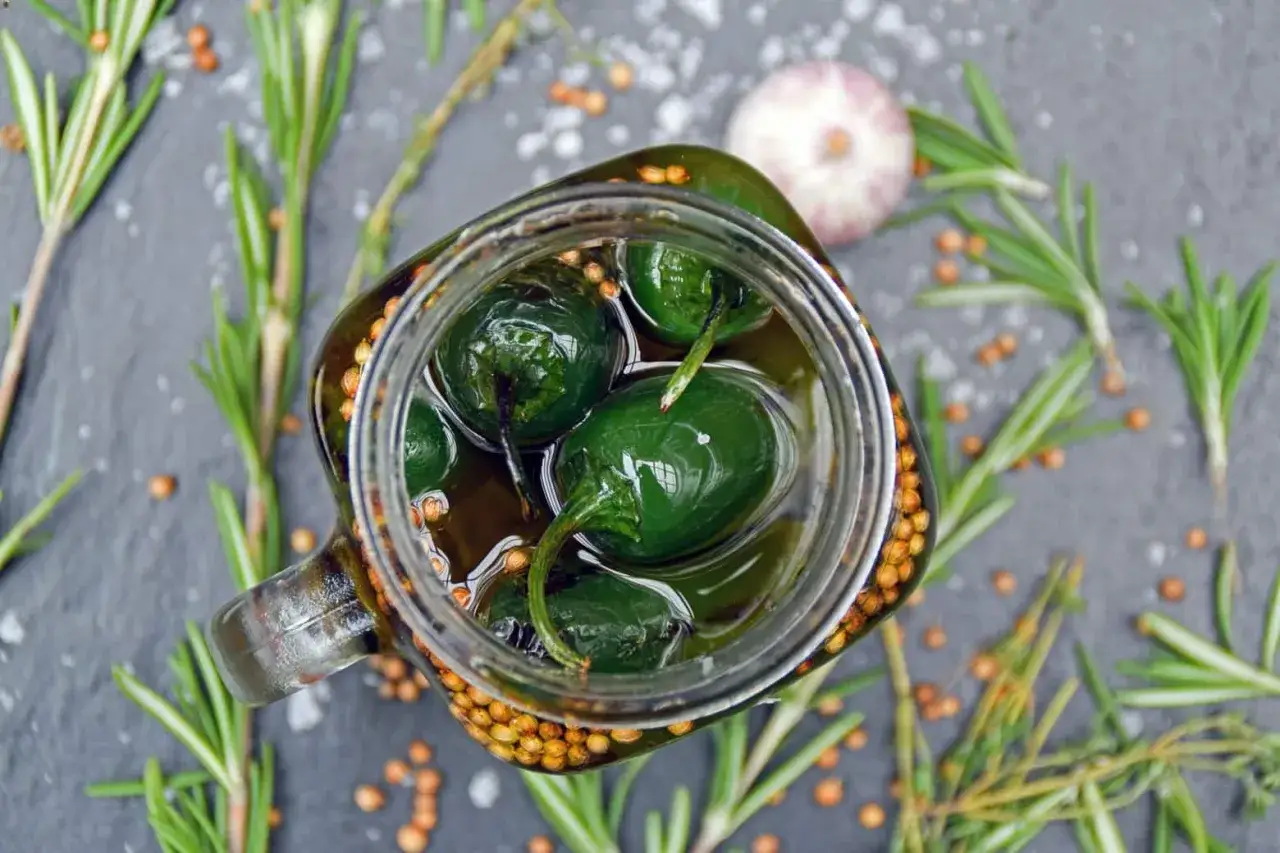 Frische Jalapenos werden in einem Glas mit Gew&uuml;rzen und Kr&auml;utern eingelegt.
