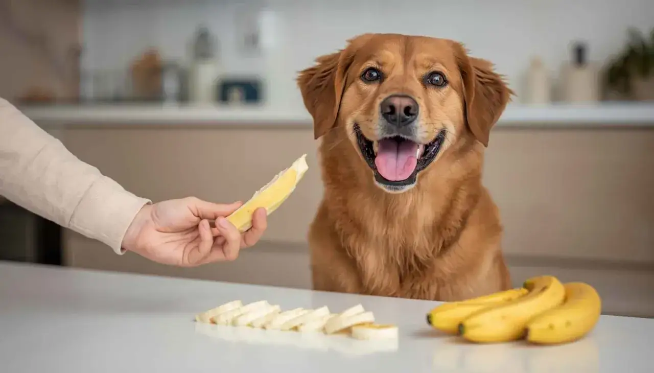 Uśmiechnięty piesek czeka na kawałek banana. Czy pies może jeść banana? Tak, w umiarkowanych ilościach.