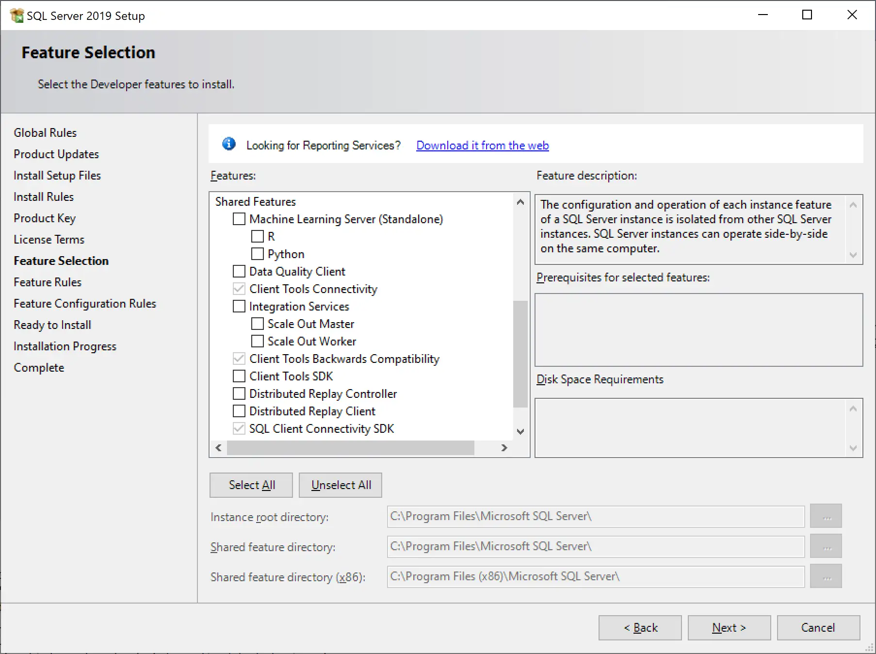 Instalacja SQL Server 2019: wybór funkcji, w tym SQL Server Configuration Manager. Określanie ścieżek instalacji.