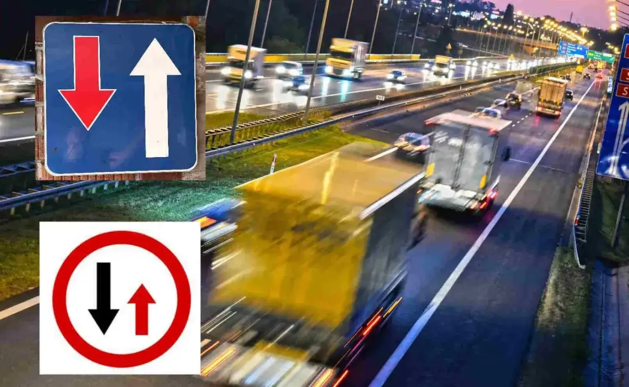 Znaki drogowe informują o pierwszeństwie przejazdu i konieczności wykonania manewr ruchu. Na autostradzie nocą widać ruch samochodów.