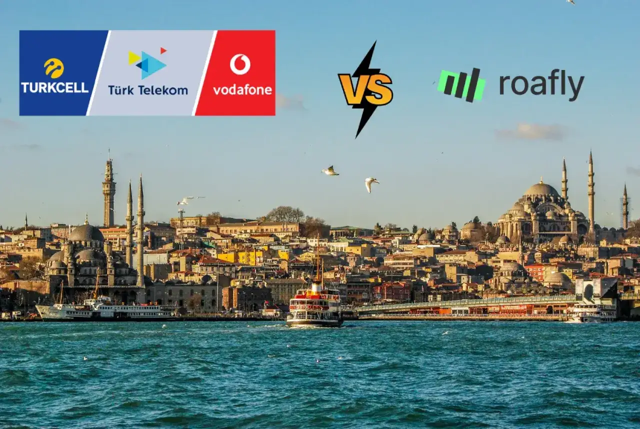 Confronto tra operatori di sim dati Turchia: Turkcell, T&uuml;rk Telekom, Vodafone vs Roafly. Skyline di Istanbul con moschee e traghetto.