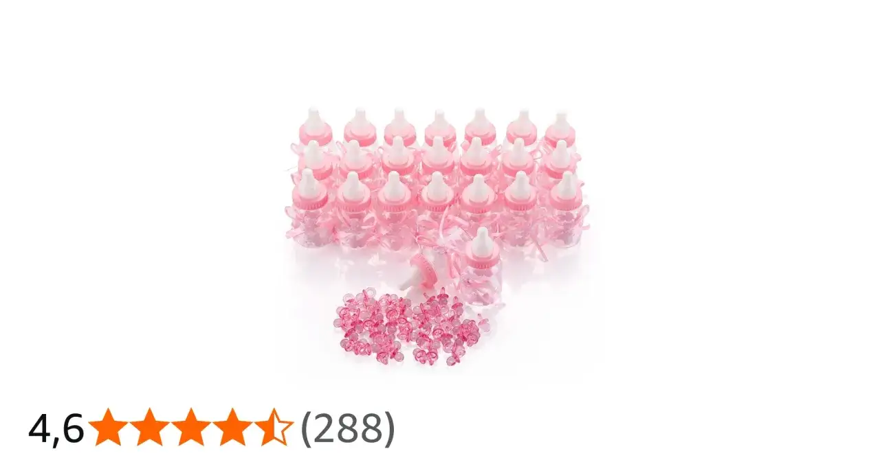 En stor godisask med många små rosa nappflaskor dekorerade med rosetter och små nappar.