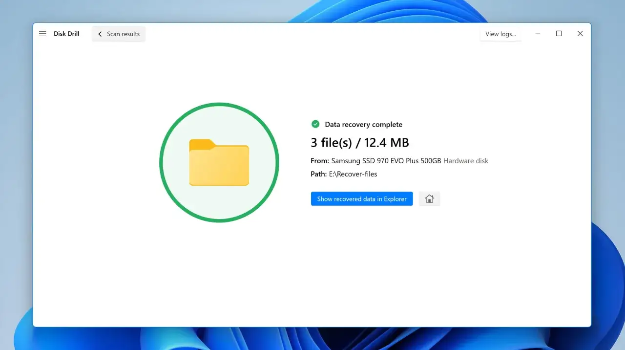 Odzyskano 3 pliki (12.4 MB) z dysku Samsung SSD 970 EVO Plus. Dane, które ostatnio usunięte, są teraz dostępne w folderze E:\Recover-files.