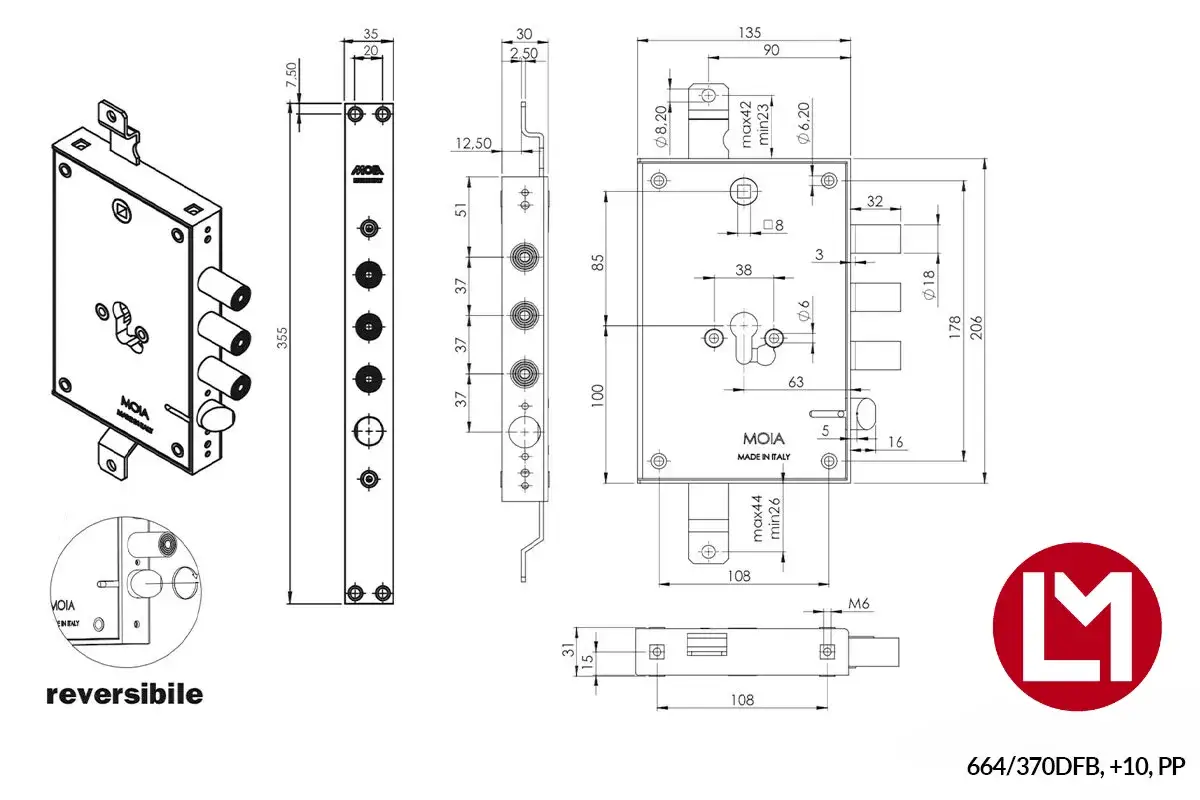 Disegno tecnico con le parti di una serratura MOIA, incluse dimensioni e dettagli costruttivi.