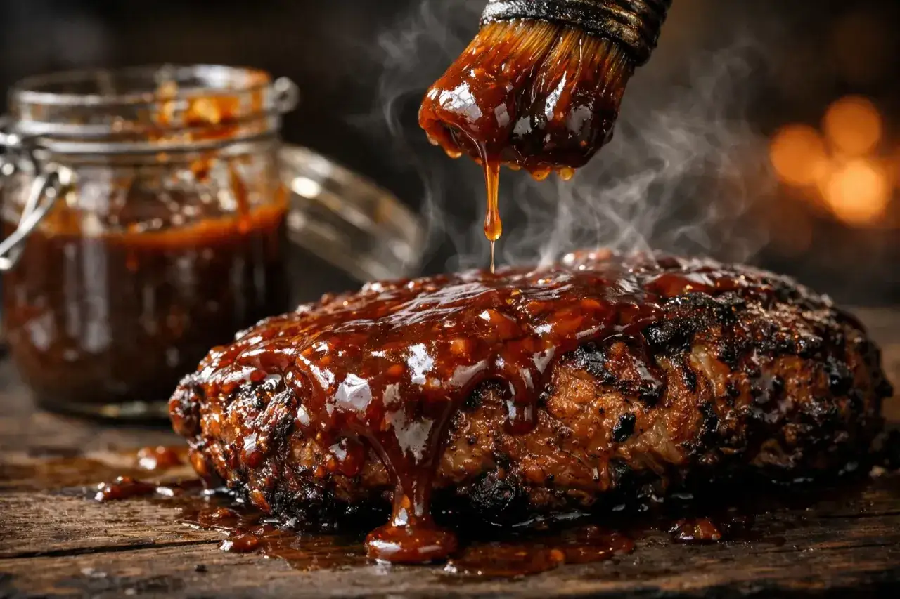Un pinceau dépose une sauce pour barbecue brillante sur un plat de viande fumant. Un pot de sauce est visible en arrière-plan.