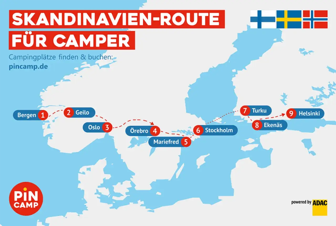 Karte zeigt eine **Skandinavien Rundreise** f&uuml;r Camper von Bergen &uuml;ber Stockholm nach Helsinki.