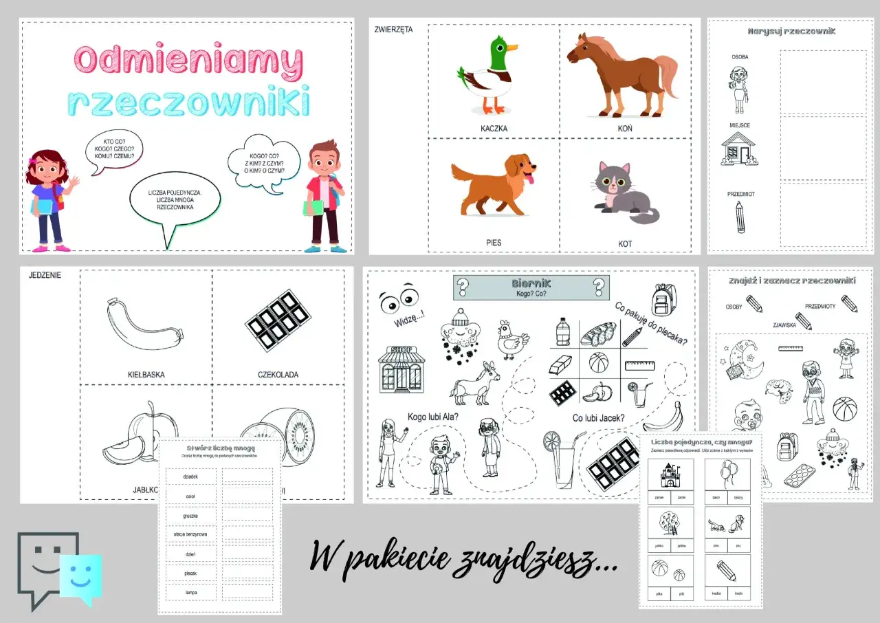 Zabawy edukacyjne dla rodziców i dzieci: odmiana rzeczowników, zwierzęta, jedzenie, rysowanie i dopasowywanie.