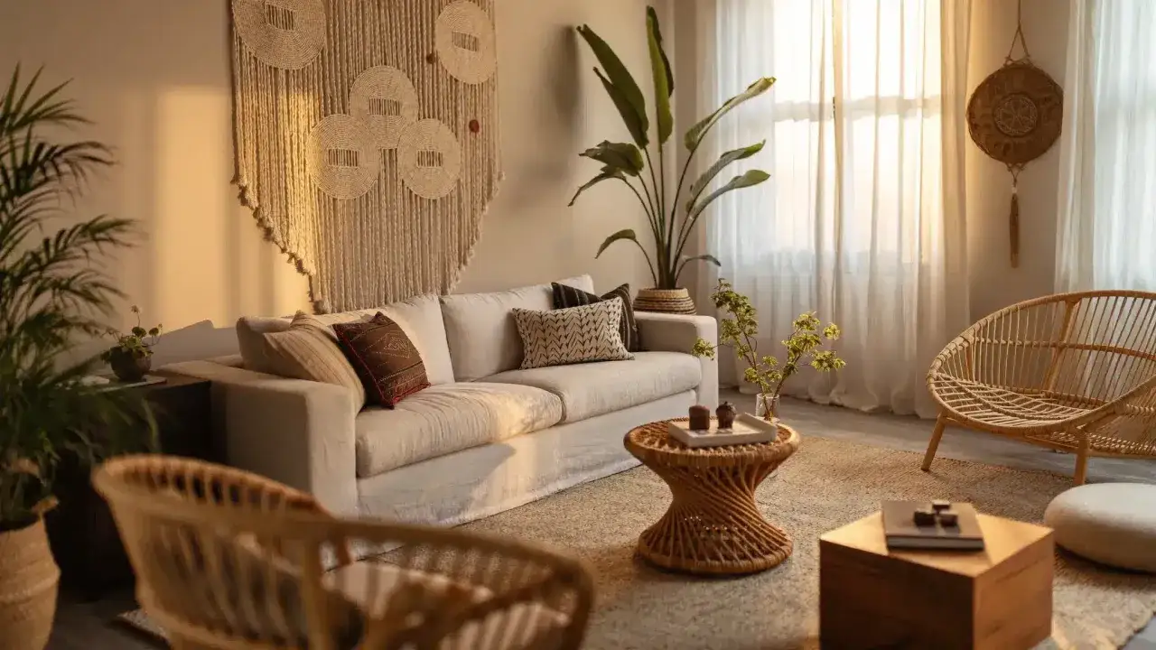 Ett vardagsrum med en stor soffa, rottingmöbler och makraméväggdekoration. Ljuset skapar en varm och bohemisk atmosfär som betyder avkoppling och kreativitet.