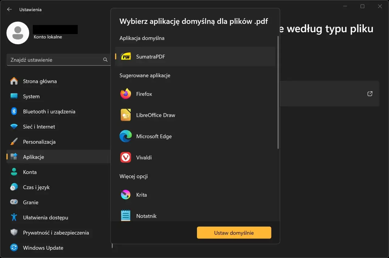 Ustawienia Windows 11: wybierz aplikację domyślną dla plików .pdf, np. SumatraPDF.