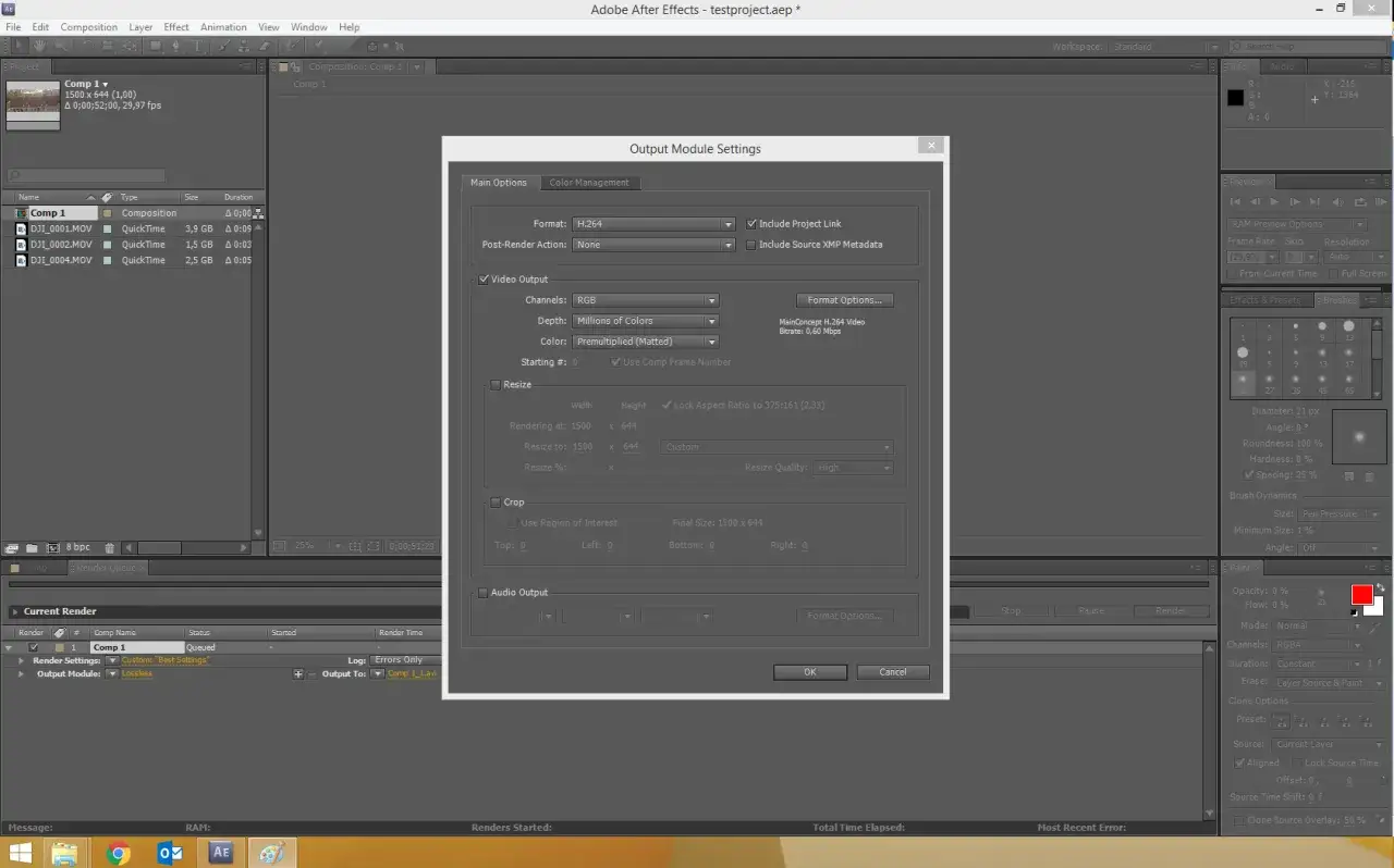 After Effects Output Module Settings showing how to render in After Effects with H.264 format, RGB channels, and resizing options.