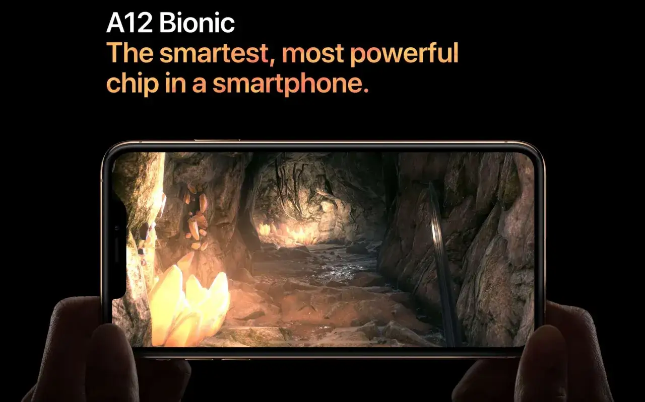 iPhone XS z procesorem A12 Bionic płynnie uruchamia grę w jaskini z kryształami.