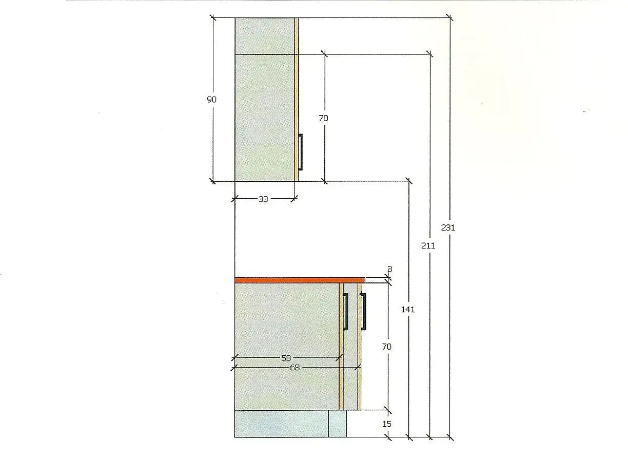 Plano de cocina con medidas. Se detalla la altura del salpicadero de cocina y la distribuci&oacute;n de los muebles.