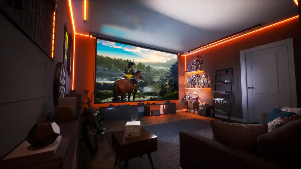 Snygga gaming rum med stor projektorduk som visar en samuraj på hästryggen, actionfigurer på hyllor och orange belysning.