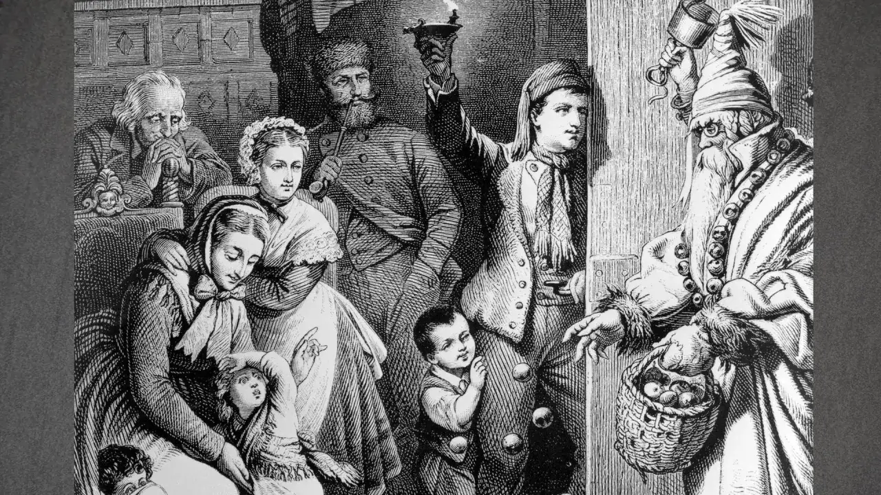 Eine Familie empfängt einen Mann mit Bart und Korb, der an den Nikolaus erinnert. Seine Herkunft ist in dieser Darstellung nicht eindeutig.