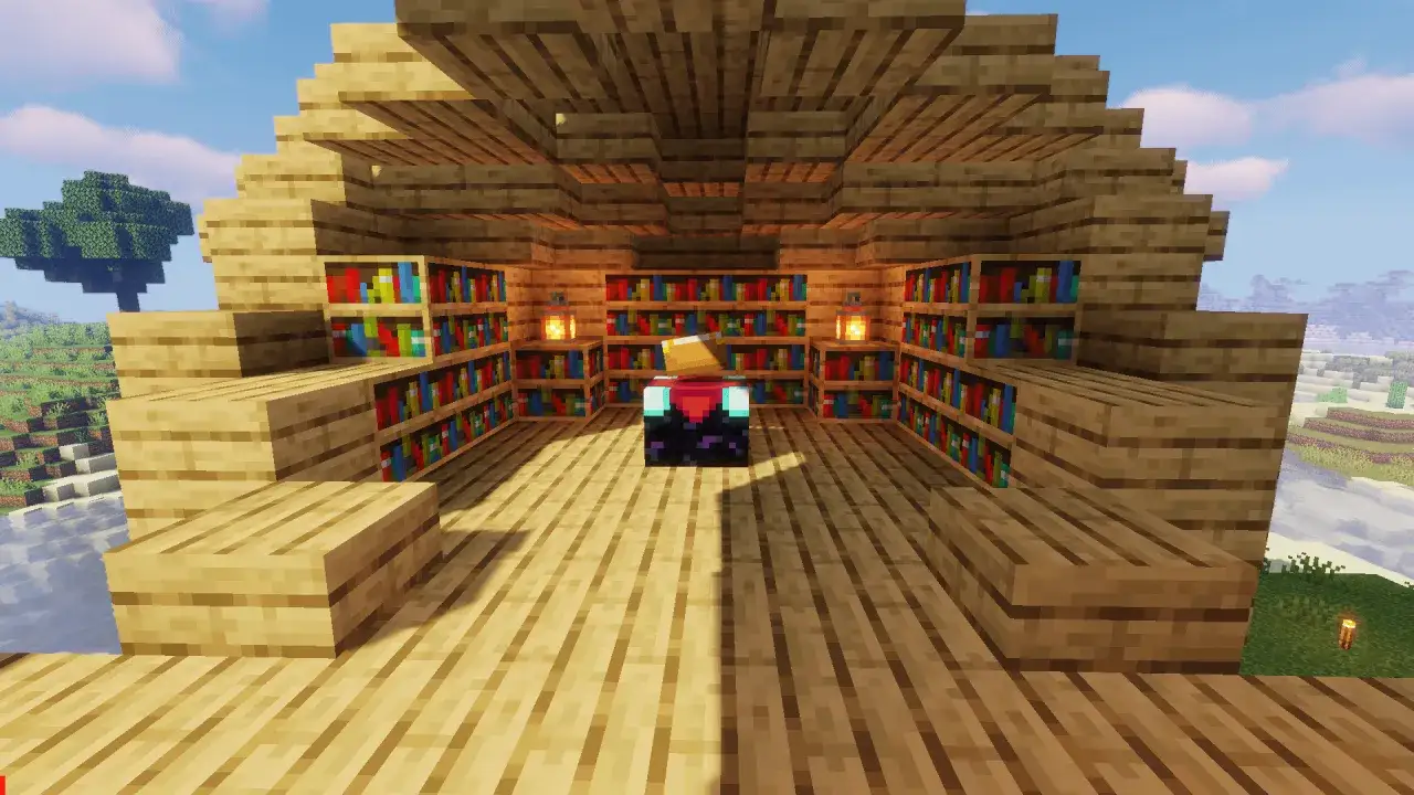 Wnętrze drewnianej chatki w Minecraft z p&oacute;łkami pełnymi książek. Centralnie umieszczony st&oacute;ł do zaklęć. Oto jak zrobic biblioteczke w mc.