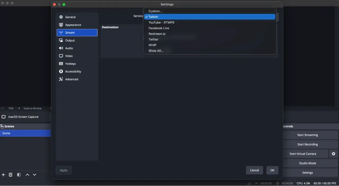 Ustawienia programu do nagrywania ekranu. Wybrano Twitch jako platformę docelową.