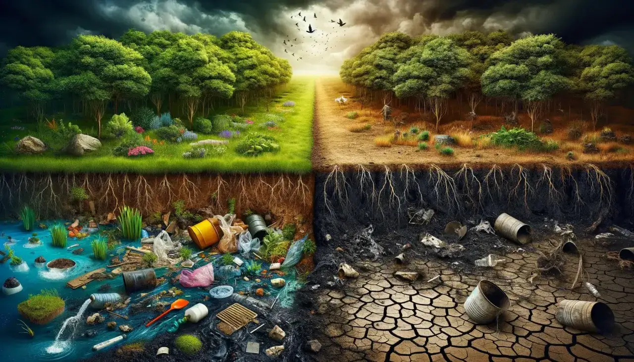 Contrasto tra natura rigogliosa e suolo inquinato da rifiuti. La terra sana nutre alberi verdi, mentre quella malata &egrave; arida e piena di detriti.