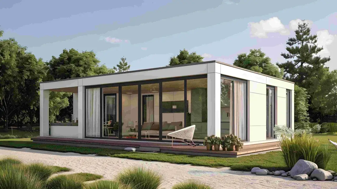 Moderna tiny house con grandes ventanales y terraza de madera, rodeada de árboles y vegetación.