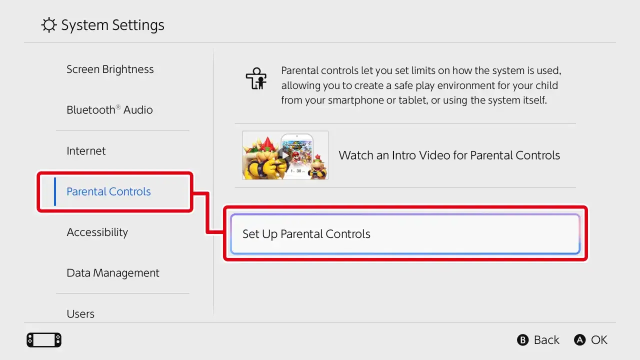 Configuración de control parental en Nintendo Switch. Permite crear un entorno de juego seguro para niños.