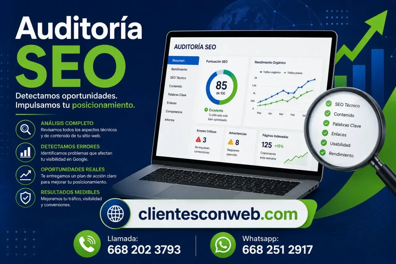 Análisis de auditoría web en un portátil, mostrando puntuación SEO, rendimiento orgánico y errores. ¡Impulsa tu posicionamiento!