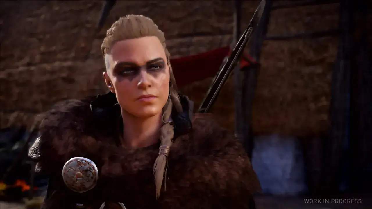 Eivor z Assassin's Creed Valhalla, z bojowym makijażem i futrzanym płaszczem. Ten poradnik AC Valhalla pomoże Ci w przygodach.